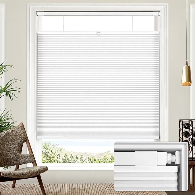 Honeycomb Blinds Cordless Cellular Shades 27″ W x 48″ H White Light