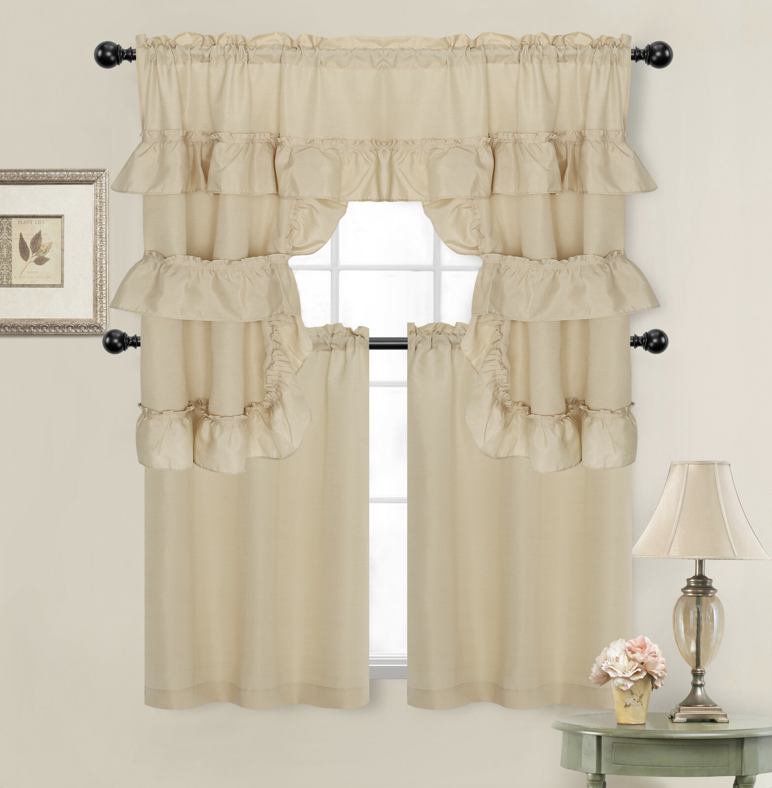 Country Farmhouse Solid Colored Kitchen Curtain Tier/Swag Set – Assorted Colors