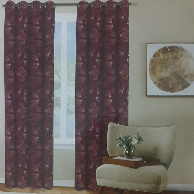 Maroon Floral Grommet Curtain Panels Modern Window Frame Mounted Living Room