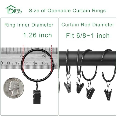 “Openable Curtain Rings with Clips & Hooks, 1.26” Interior Diameter, Set of 36 –