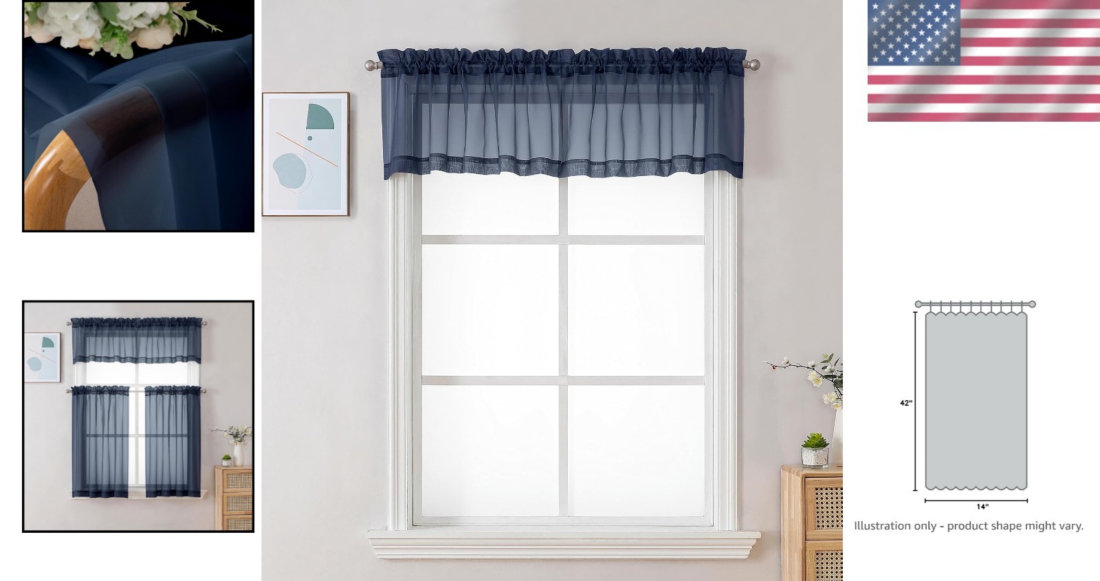 Light Filtering Sheer Window Valances, 42×14 Inches, Navy Blue – Pack of 2