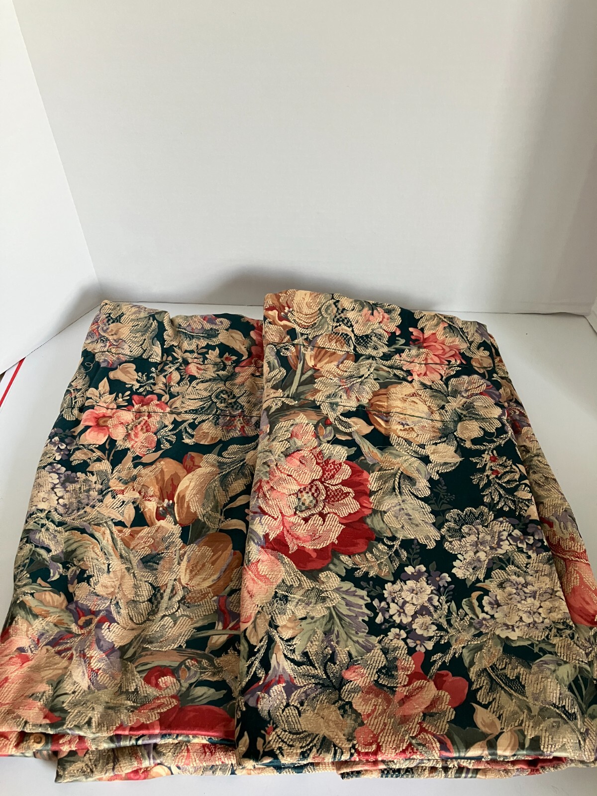 Damask Style Draperies set of 2- Vintage? Each one Measures 100″ X 18″ Unbranded
