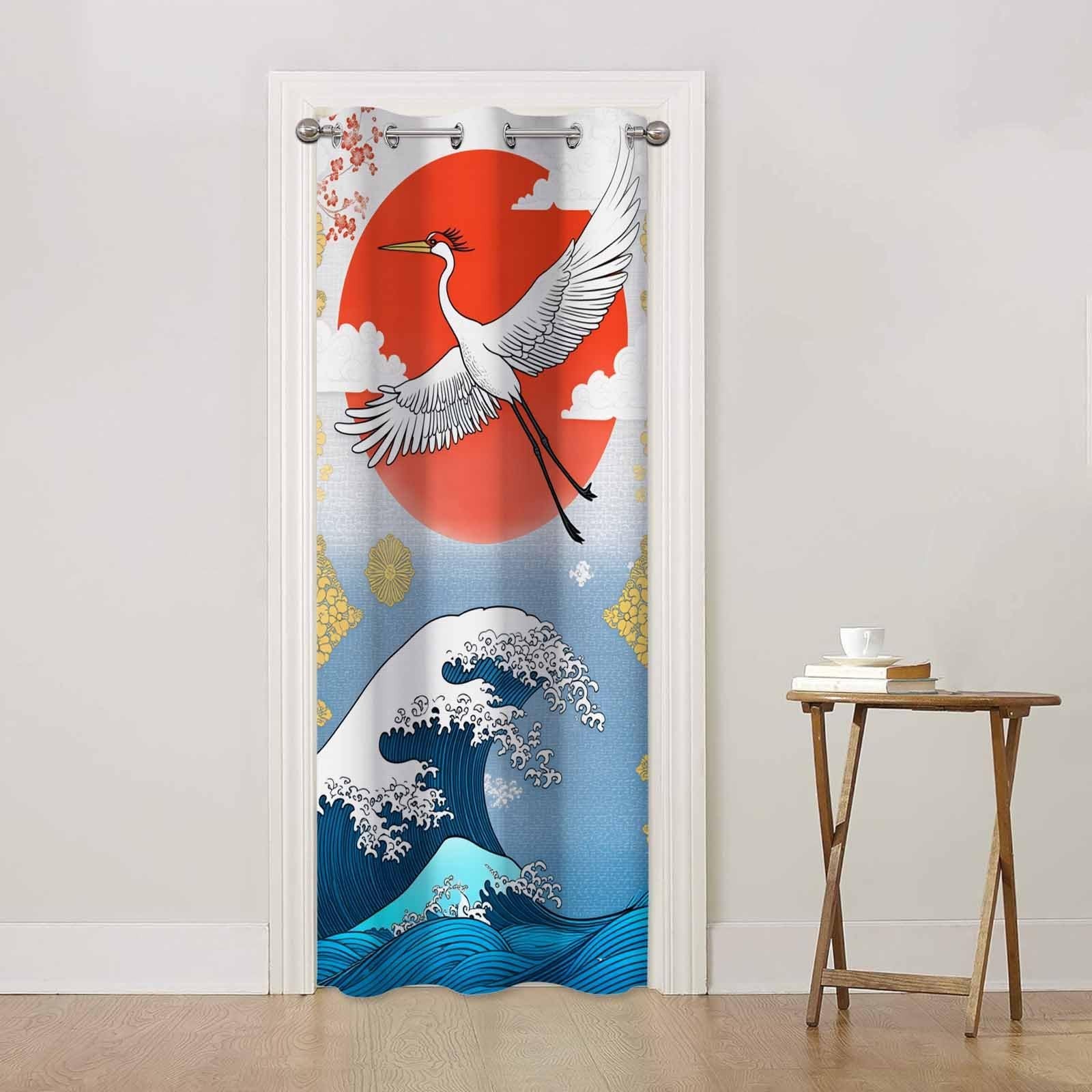 Japanese Wave Doorway Curtains Cherry Blossoms White Crane Cloud Sun Door Cov…
