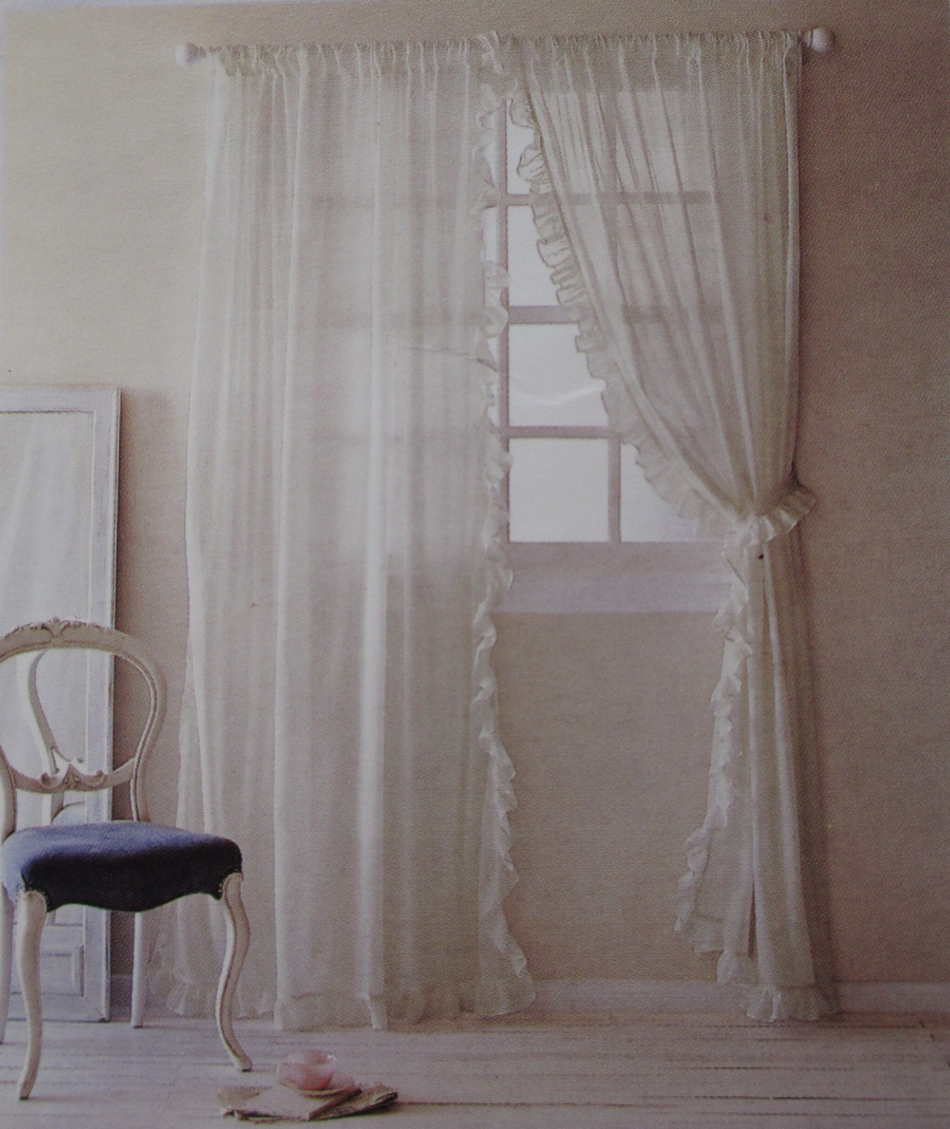 Simply Shabby Chic Cream Sheer Ruffle Window Panel Pair With Tiebacks 120″ x 63″