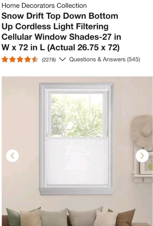 Cellular 27 W X 72 L Snow Drift Top Down Bottom Up Cordless Light-Filtering