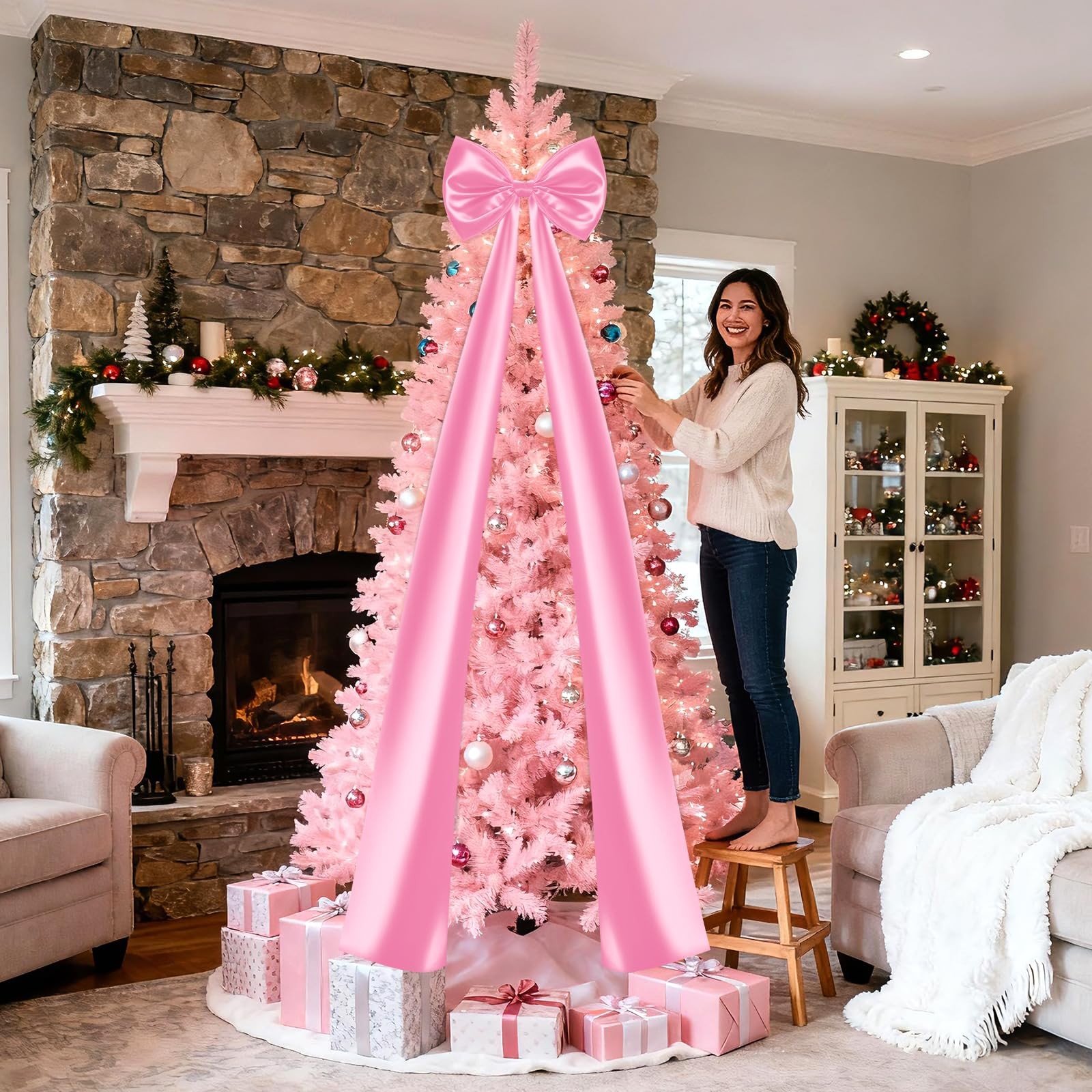 Large Pink Bow Decorations 24 x 87 Inch Giant Pink Bows with Rope and Double-…