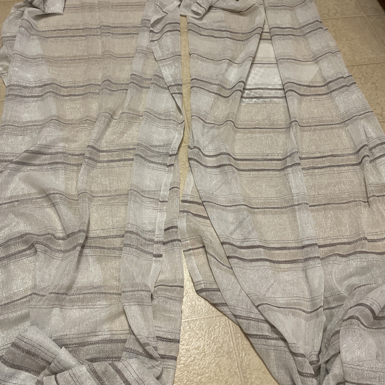 Linen-Look Striped Curtains Panel Set- White Sheer 54″x96″ Rodeo Home.EUC.