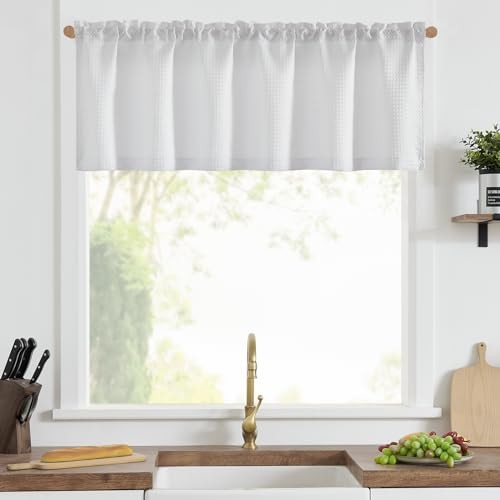 Valance Curtain for Kitchen Waffle Weave for 60″W x 18″L (Pack of 1) White