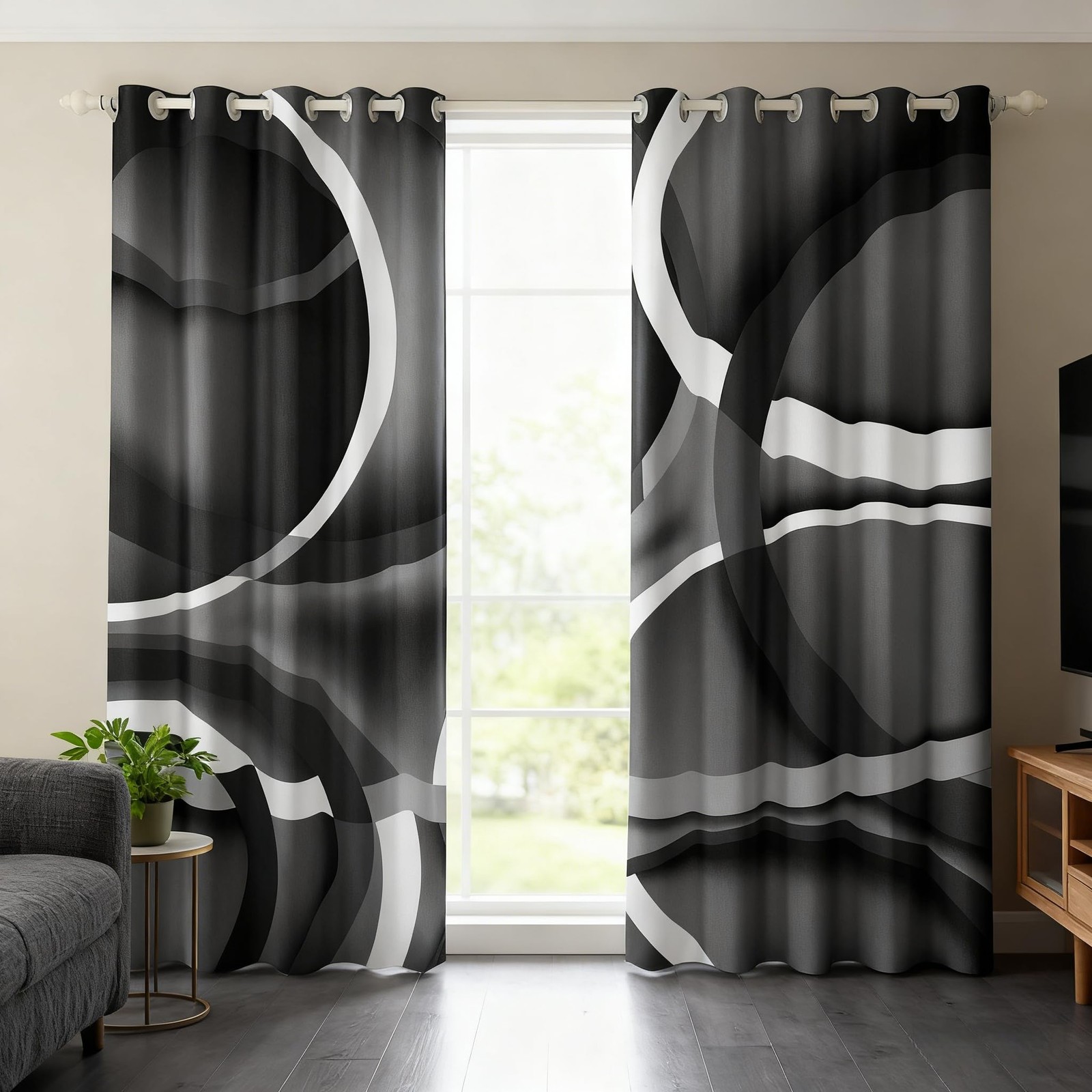 Abstract Art Style Blackout Curtain for Bedroom Decor,Black Grey Swirls Windo…