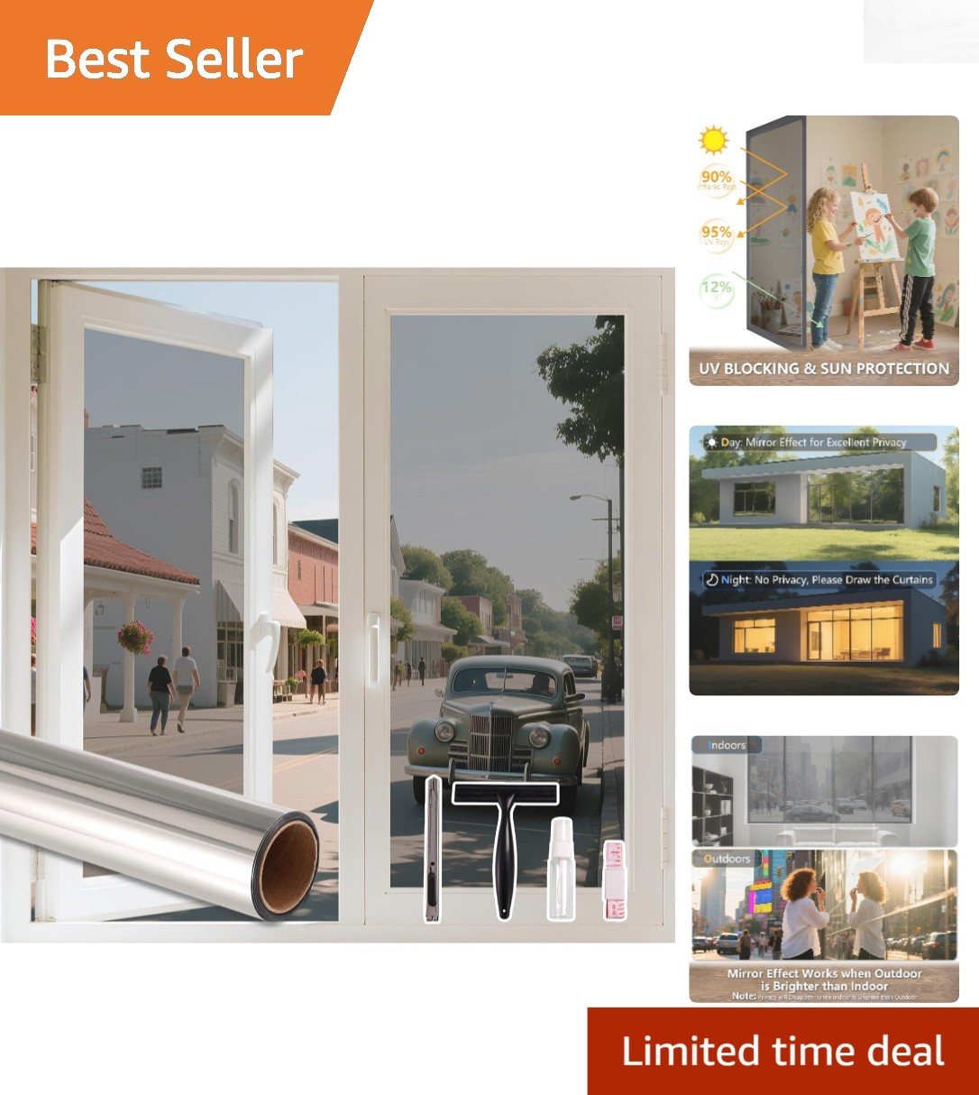 UV Blocking One Way Window Film with Tools – 17.5×78.7 Inch Installation Kit
