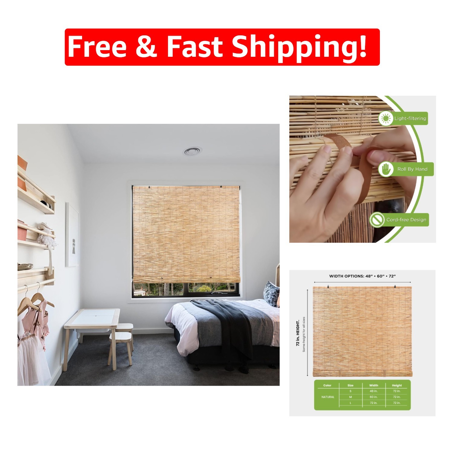 Natural Light-Filtering Bamboo Roller Shades for Windows – 48 in W x 72 in H