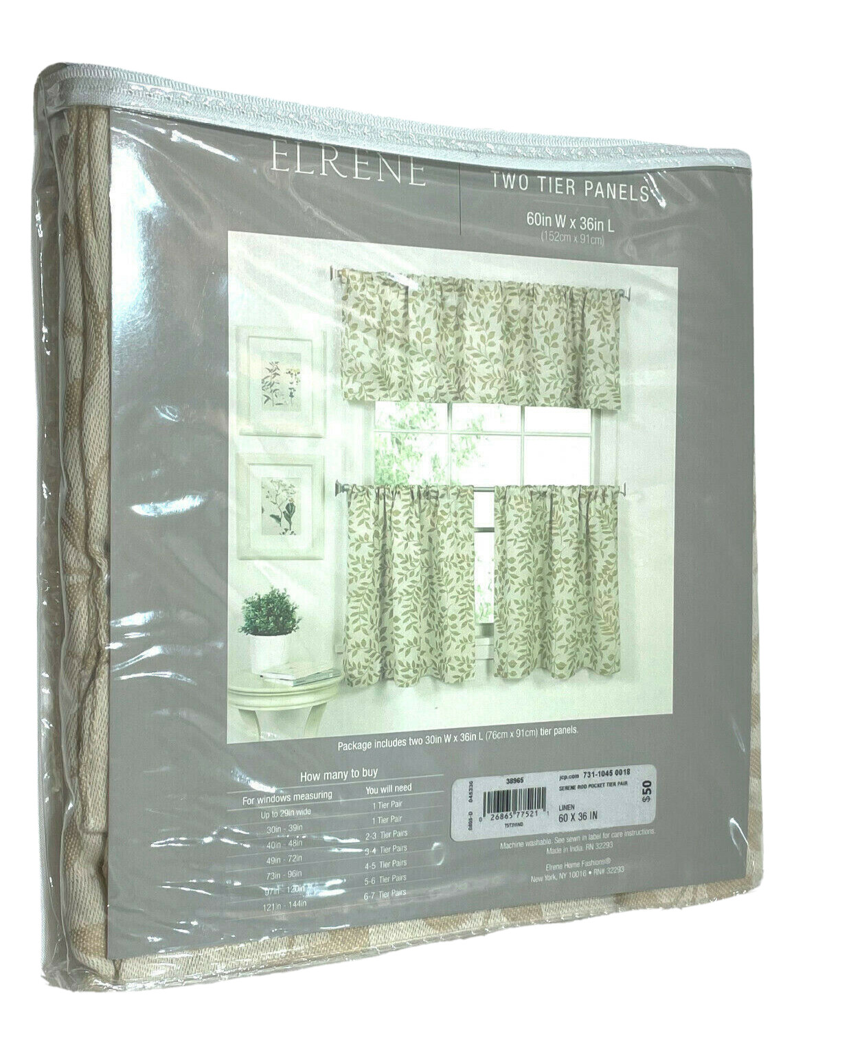 Elrene Serene Tier Pair 60″ x 36″ Rod Pocket Cotton-Linen Blend Ivory Botanical