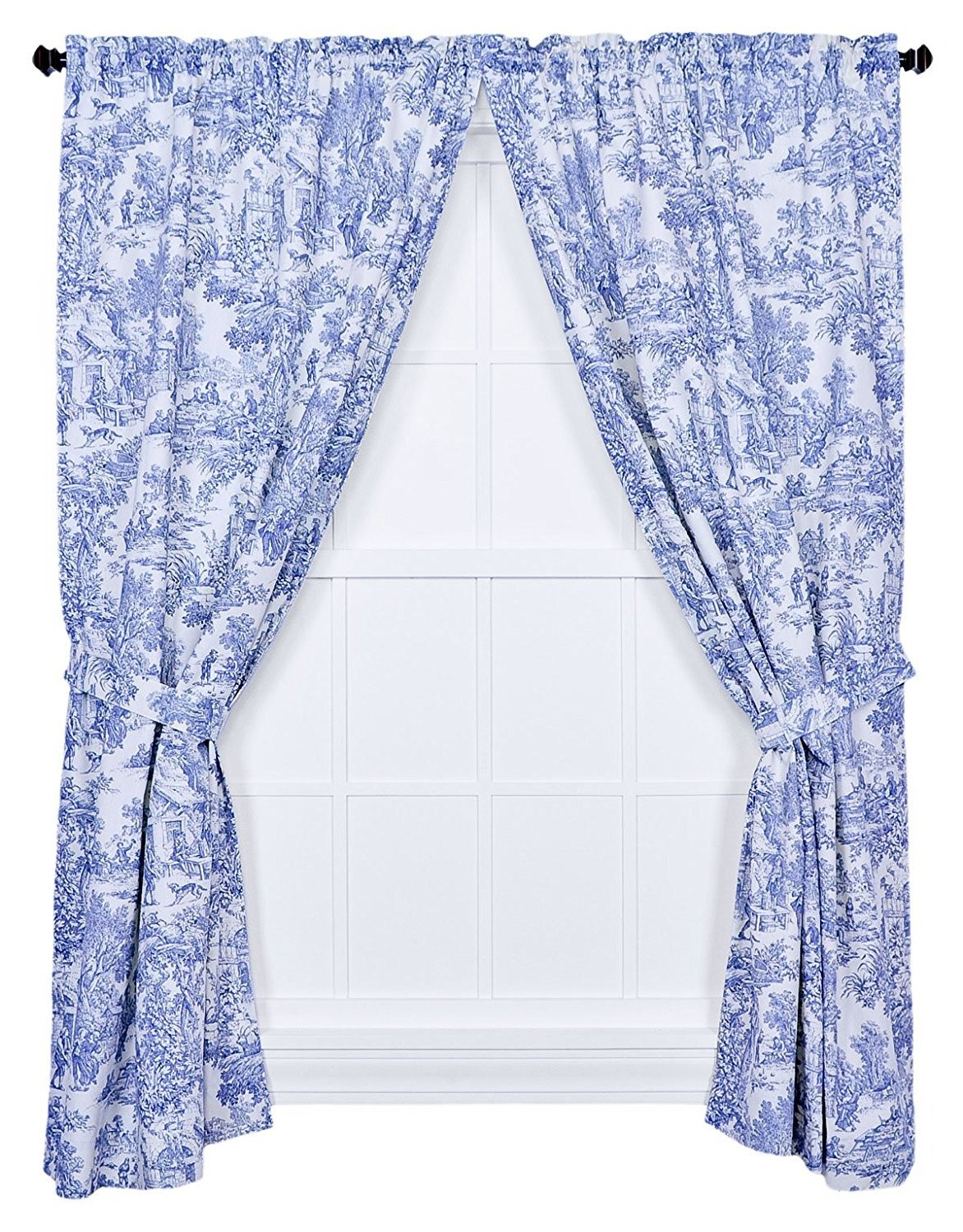 Blue Toile 68×84 Inch Tailored Curtain Panel Pair with Tiebacks
