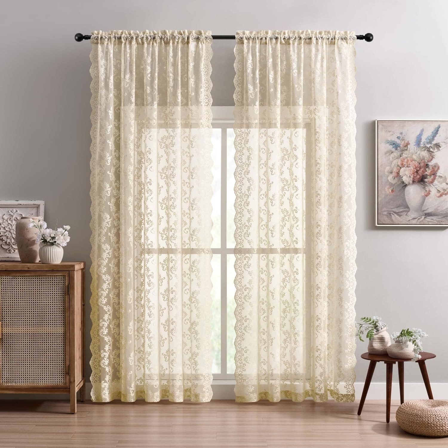 Beige Lace Curtains – 63 Inch Length, 2 Panels Set – Victorian Floral Sheer Curt