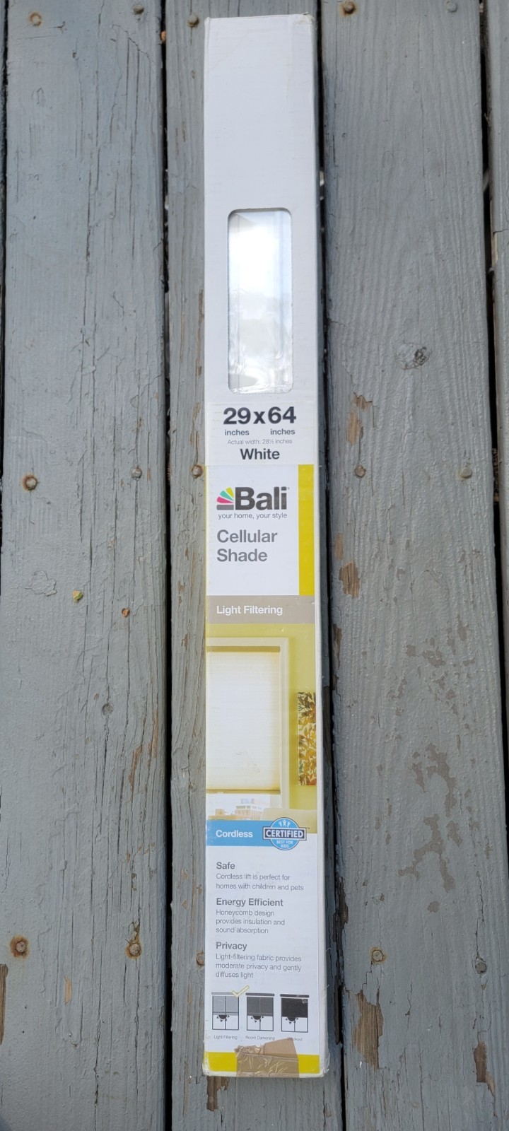 Bali 29×64 Cordless Cellular Shade White Light Filtering New Open Box