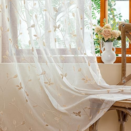 2 Panels Embroidered Leaf Pattern Semi 53″W x 84″L (Pack of 2) White Beige