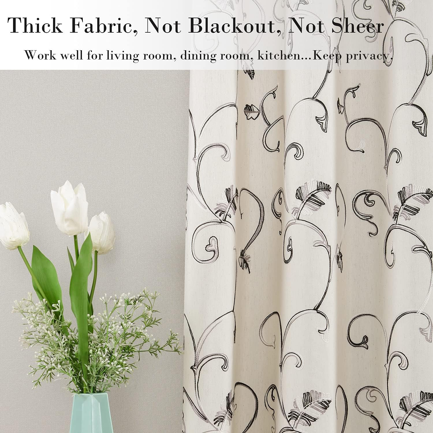 Embroidered Vines Drapes & Valances Set for Living Room & Kitchen, 52×96/52×18