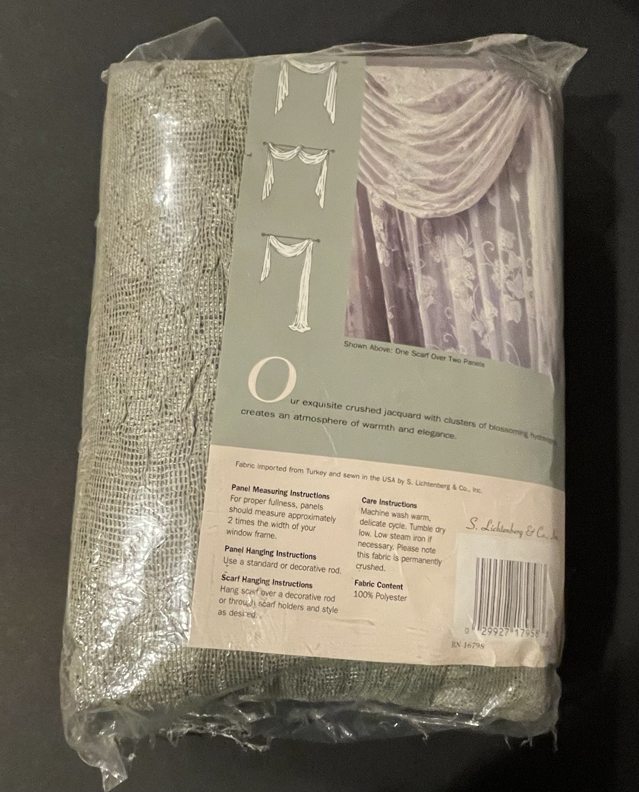2 S. Lichtenburg & Co. Hydrangea Window Scarf Treatments Sage 40”W X 216”L NIP