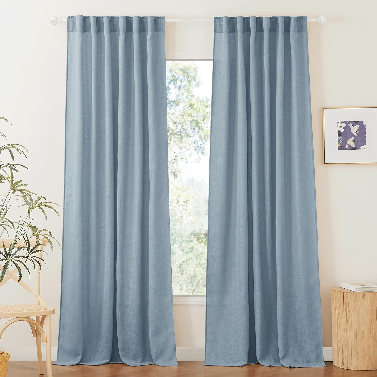 Light Filtering Curtains 95 Inches Long 2 Panels Set, Privacy Protected Linen Bl