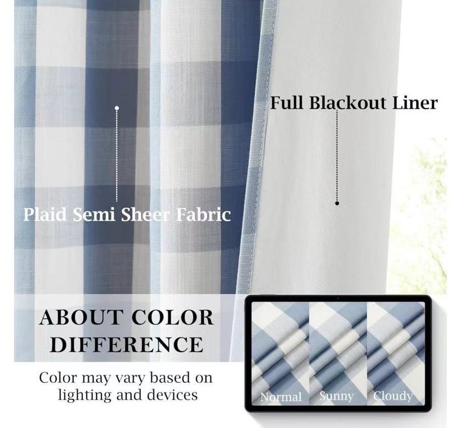 100%遮光窗帘，浅蓝色与白色格子式窗帘，亚麻材质隔热保暖，防褪色、易安装、保护隐私，乡村风格适用于卧室、客厅，尺寸为40″ W x 72″ L