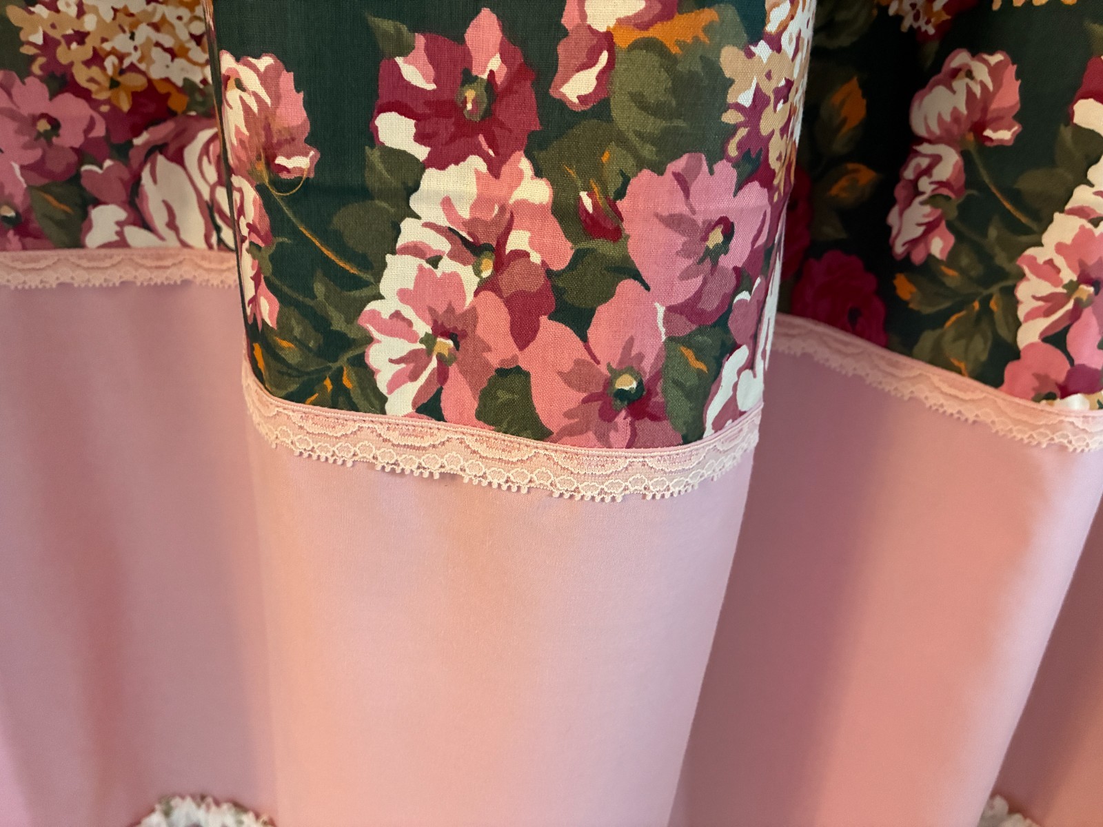 4 handmade curtain panels green pink floral layered 43 W x 83 L