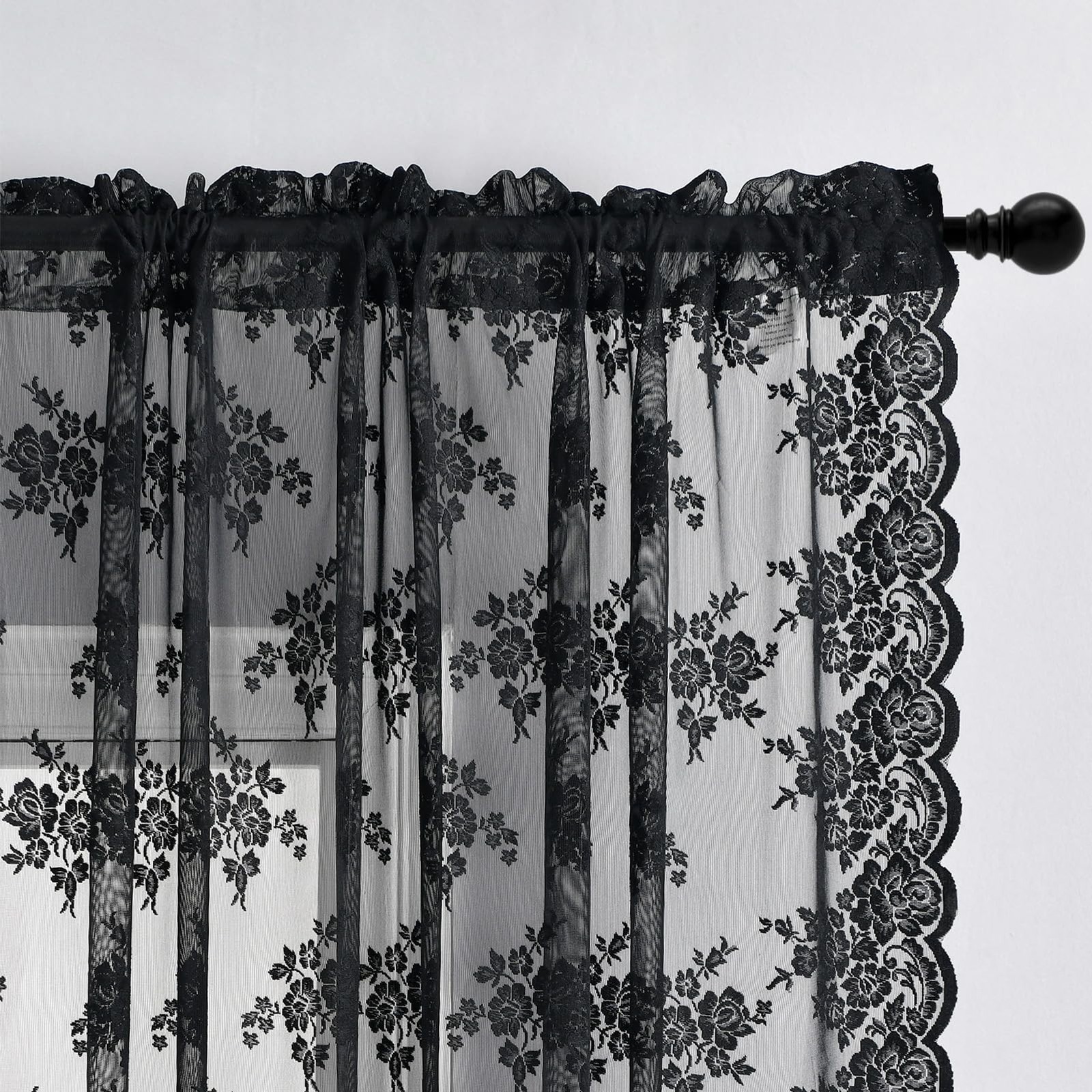 Black Lace Sheer Curtains 42 x 54 Inch 2 Panels Rod Pocket Vintage Privacy