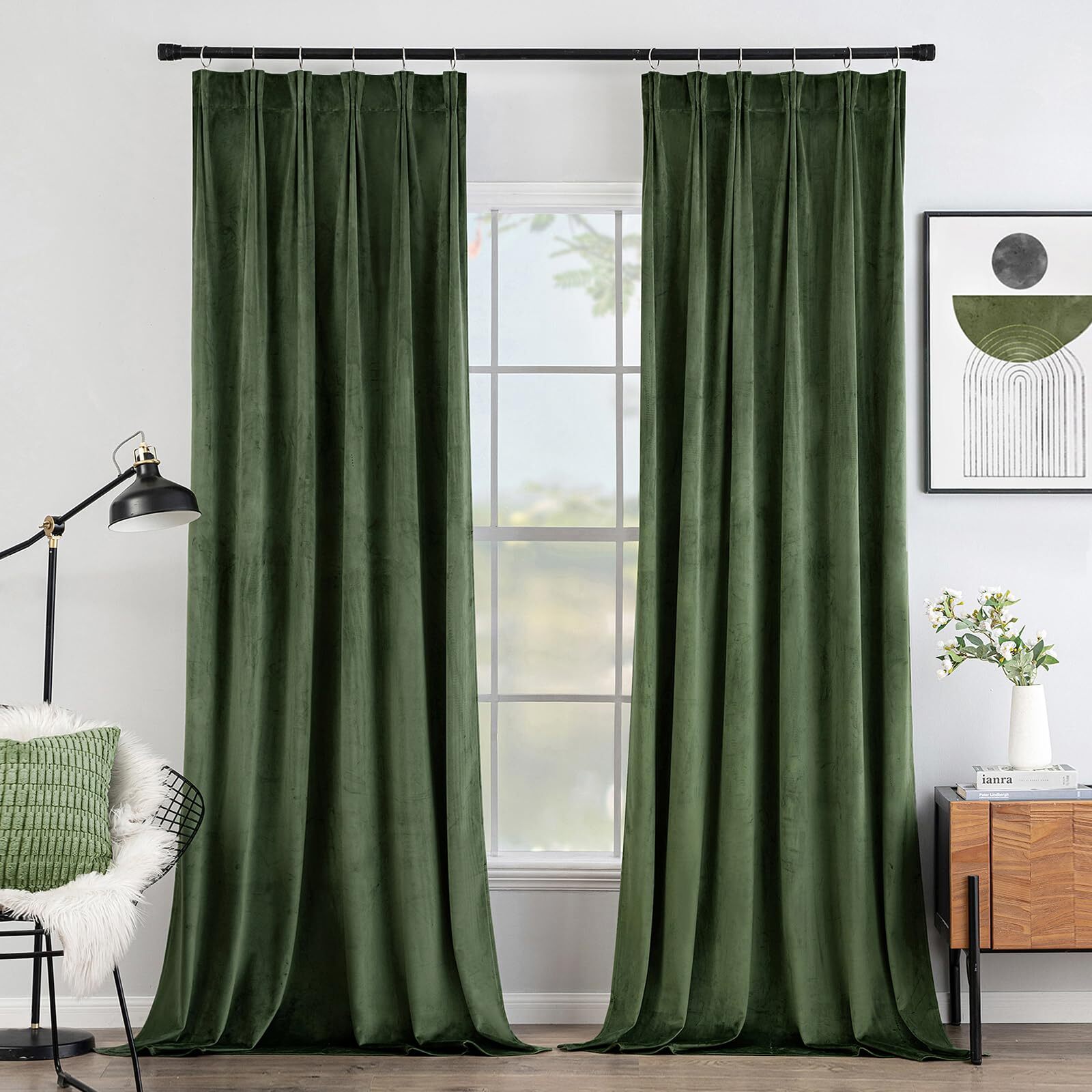 MIULEE Olive Green Velvet Curtains 96 inches 2 Panels – Pinch Pleated Luxury