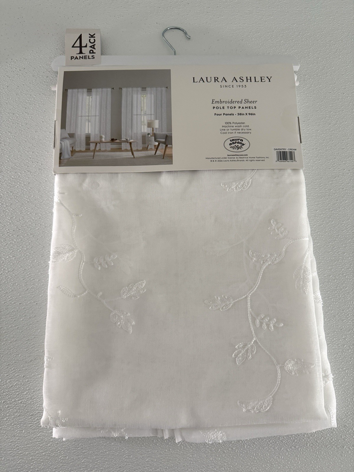 Laura Ashley Window Curtains 4 Panels 38 x 96″ Cream Embroidered Sheer Daventry
