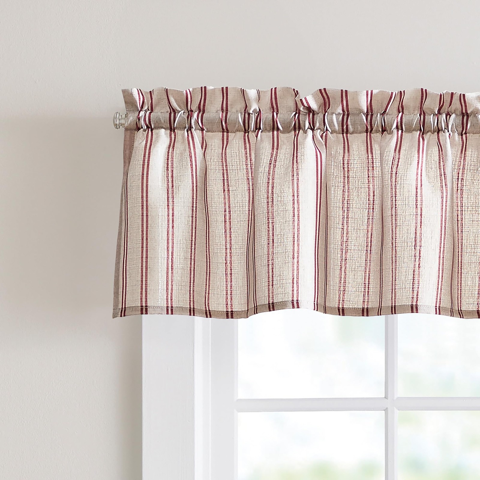 Red Striped Beige Kitchen Curtain Set – 3 Piece Tier & Valance – 36 Inch – Light