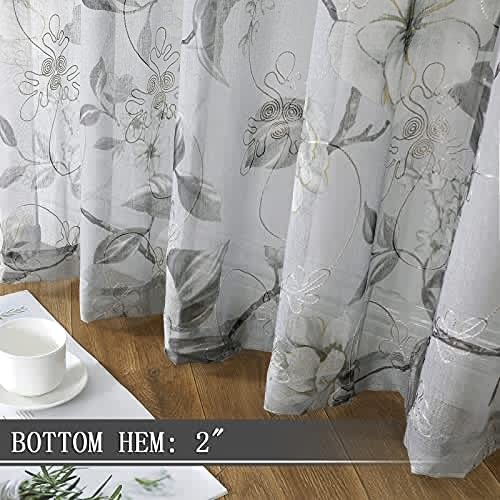 Sheer Tier Curtains Grey Flower Leaf Printed Floral Embroidered Half Window
