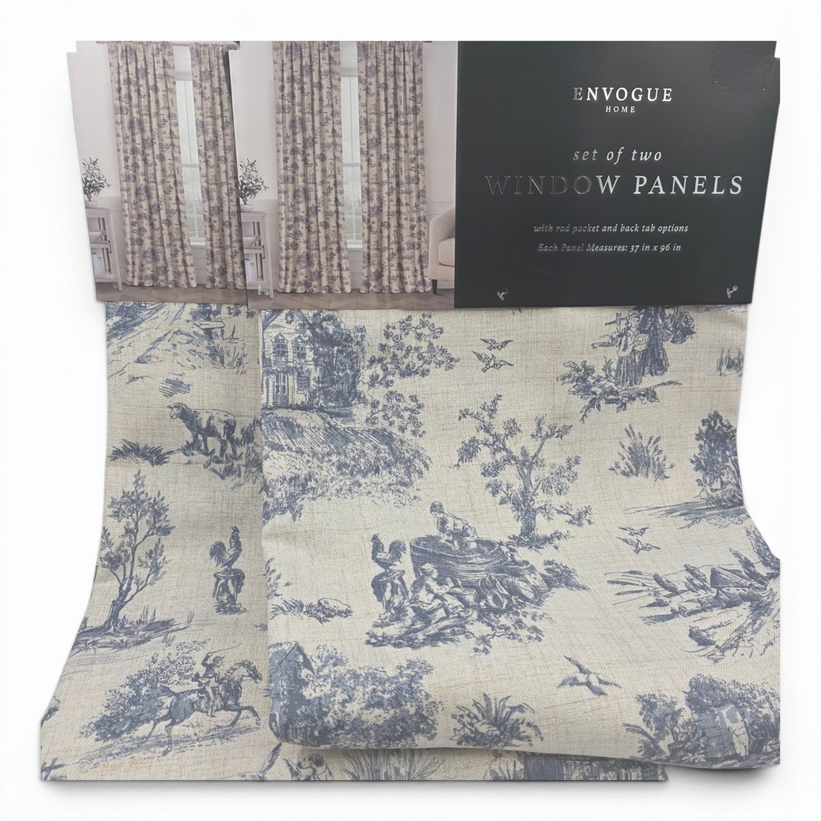 Envogue Home Set of 4 French Toile Curtains 37×96 Blue Linen Look NEW