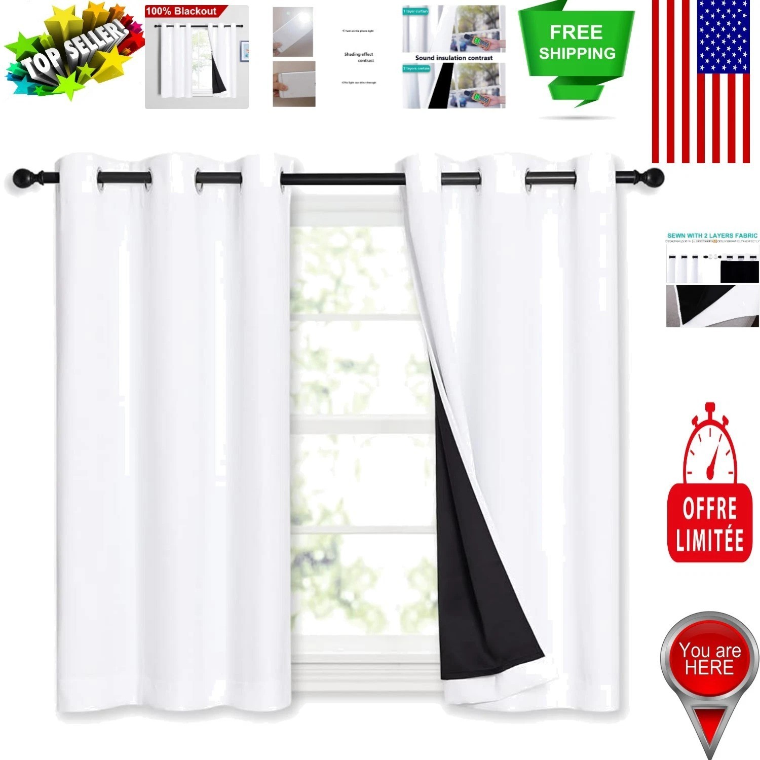 Thermal Insulated White Blackout Curtains, 42W x 45L, Easy Care Polyester Panels