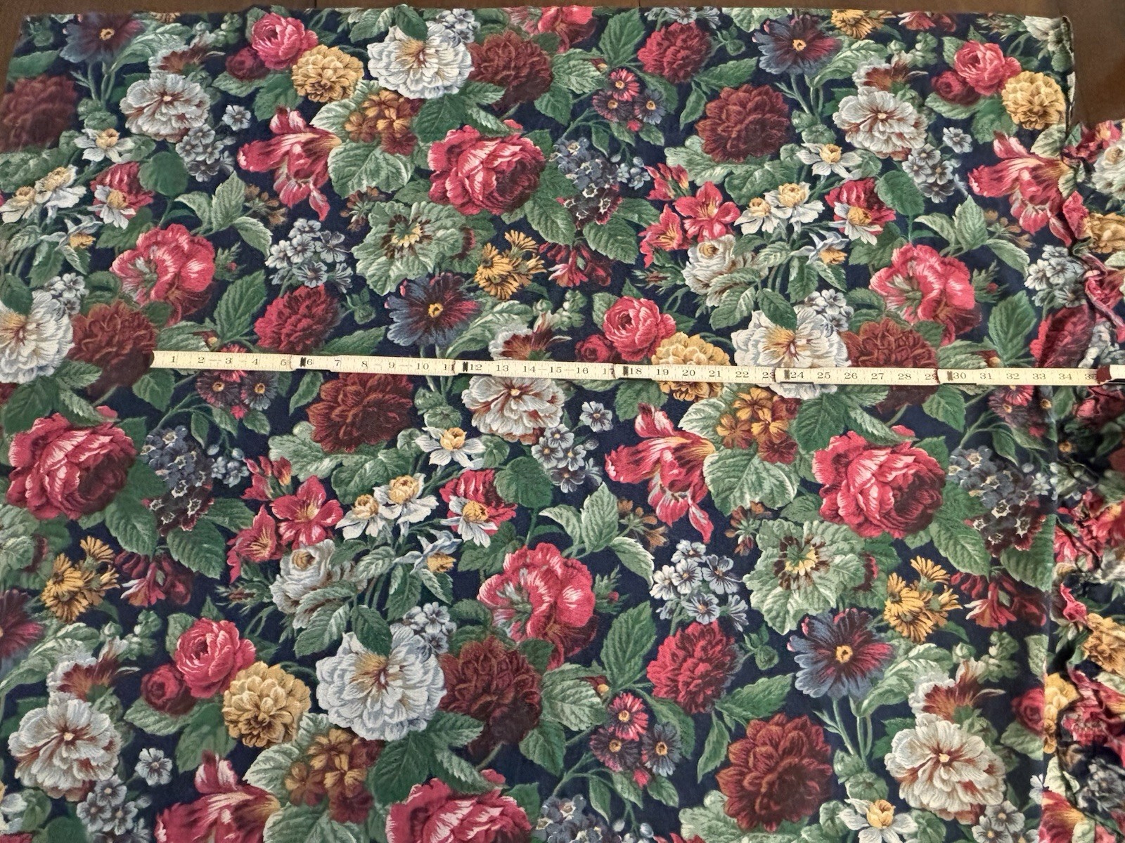 VTG 90s Curtain Panel Floral Ruffle LEFT side Navy Green Vibrant 45″W x 84″L EUC