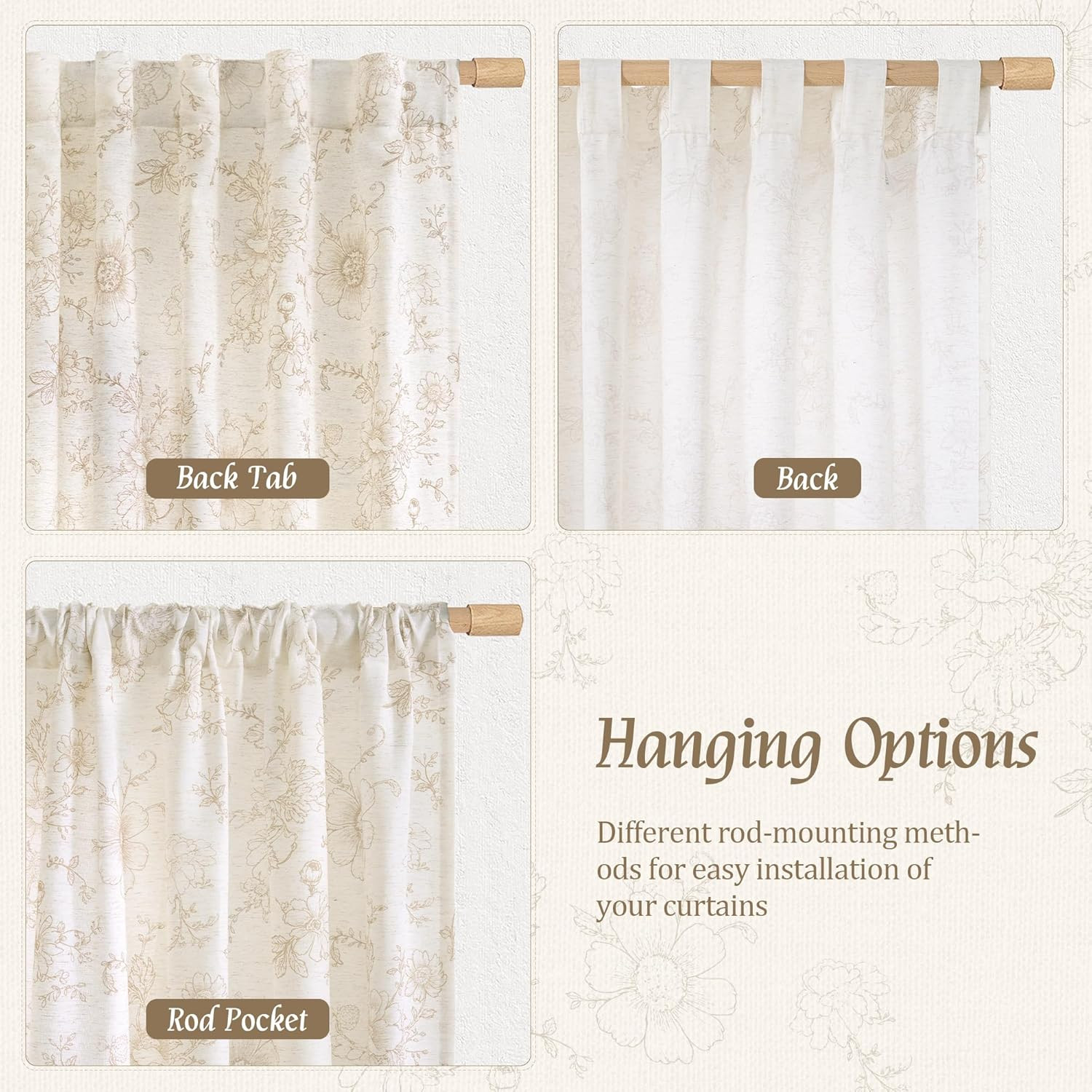 LAMIT Beige Floral Linen Curtains 63 Inch Length, Light Filtering Bedroom Drapes