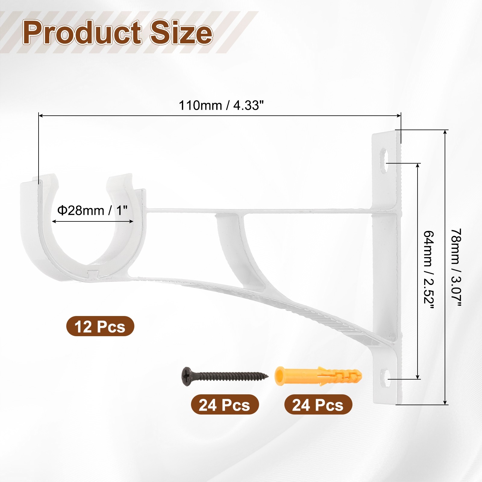 12Pcs Curtain Rod Brackets 110mm Single Drapery Holders for 1″ Rod White
