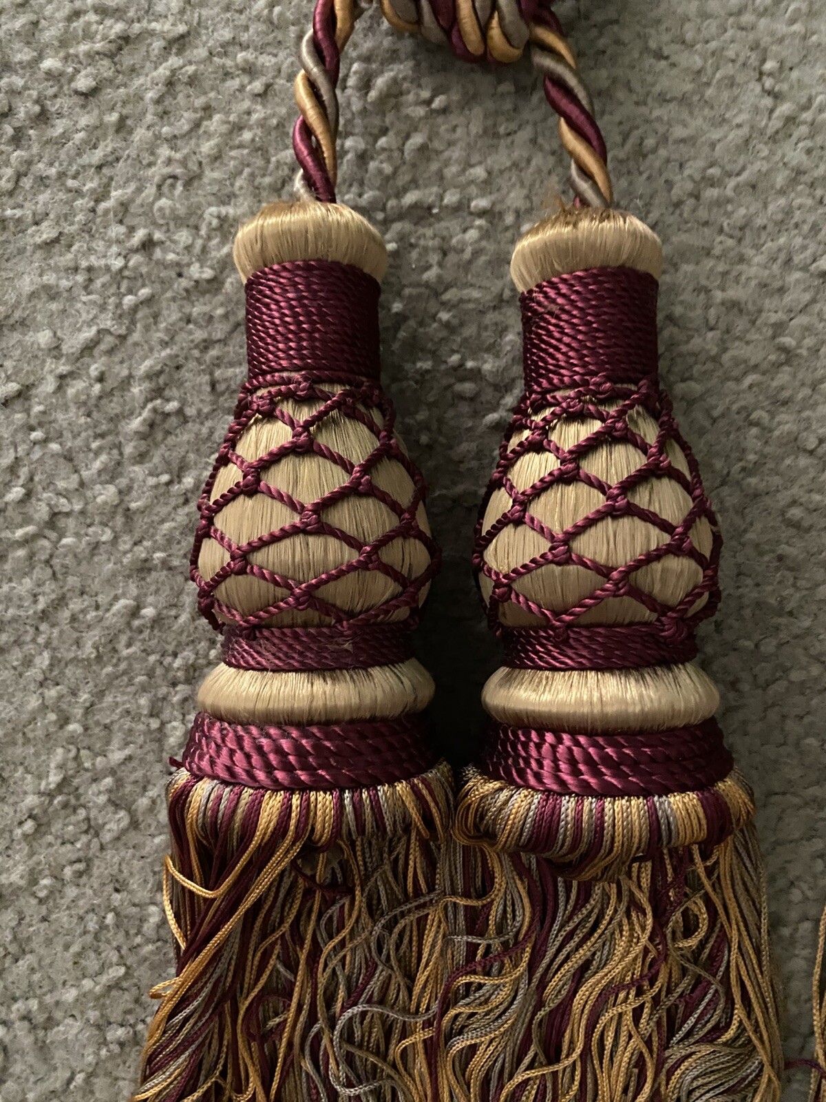 Pair Double Tassel Curtain Tiebacks Braided Rope Burgundy Wine Gold Green 31”