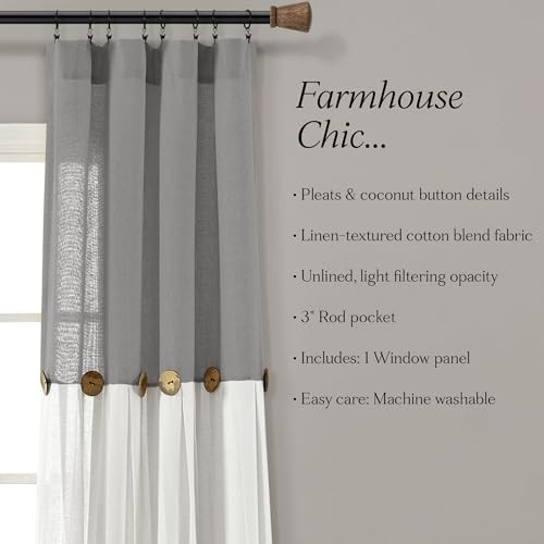Dark Gray Linen Button Curtain 40×84 Farmhouse Modern Window Panel Single