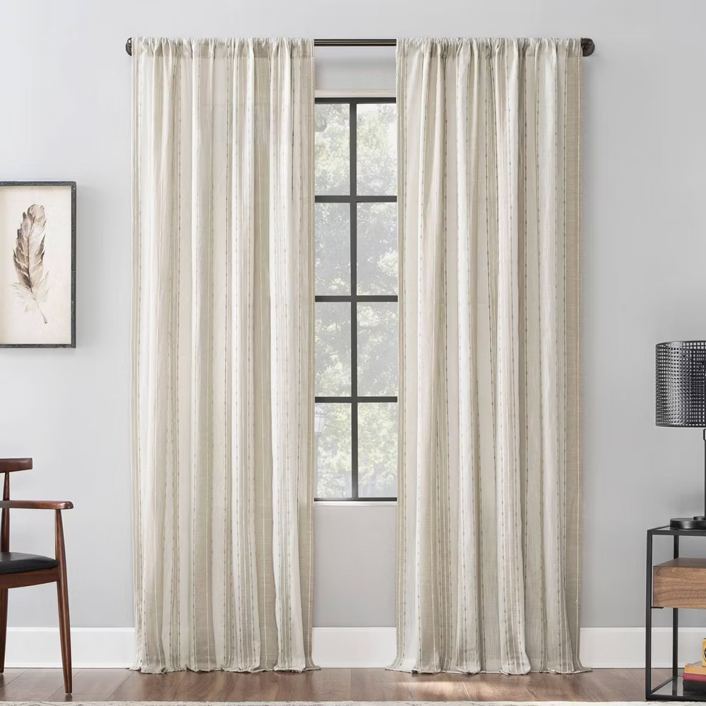 84″x52″ Slub Texture Stripe Cotton Light Filtering Curtain Linen/White – Archaeo
