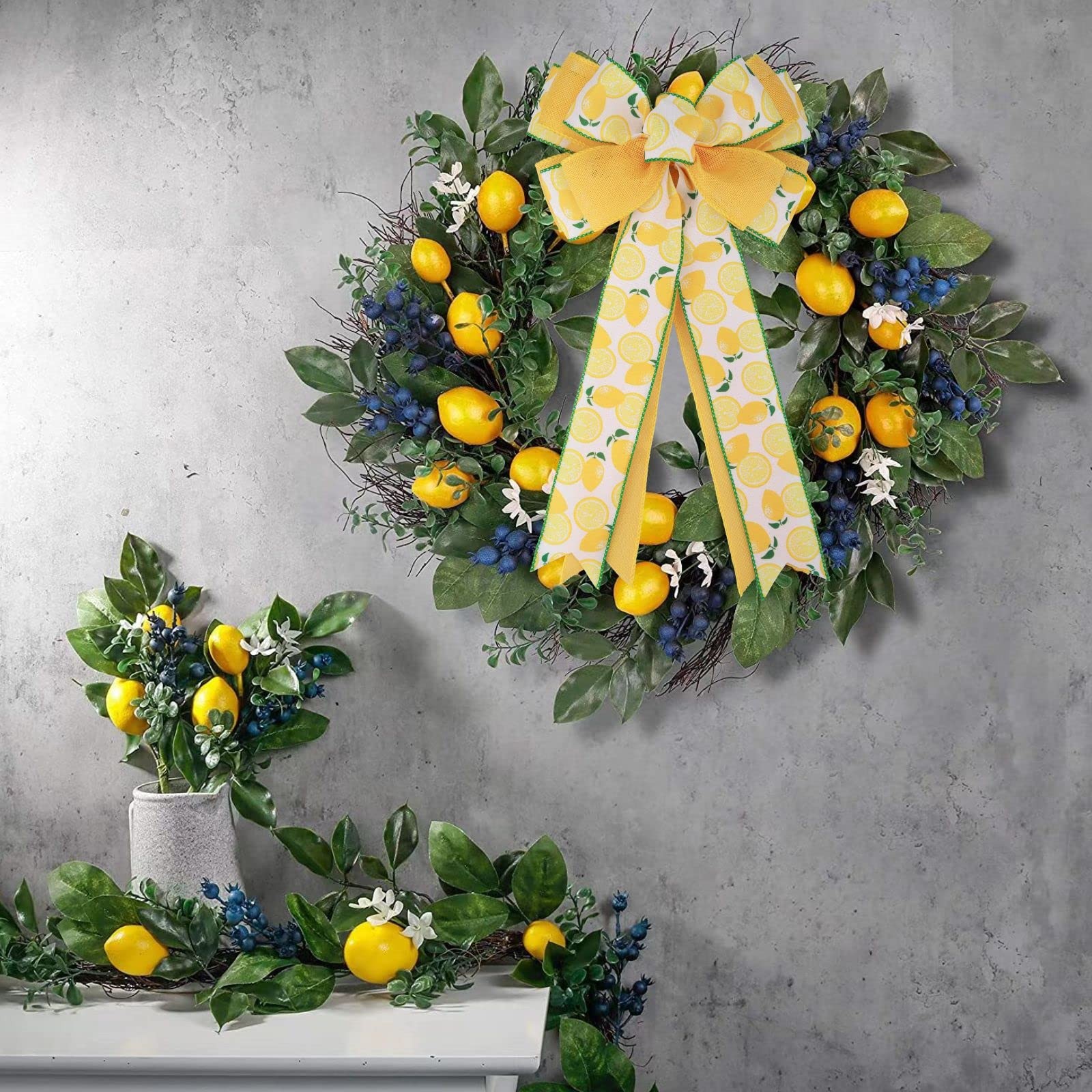 1 PCS Summer Lemon Fruit Wreath Bow Rustic Ribbon Ornaments 20×10 Inch