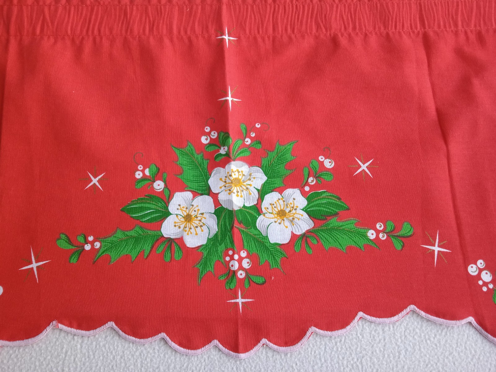 Vintage Christmas Red Cotton Valance with Candle & Flower Pattern Made in Brazil