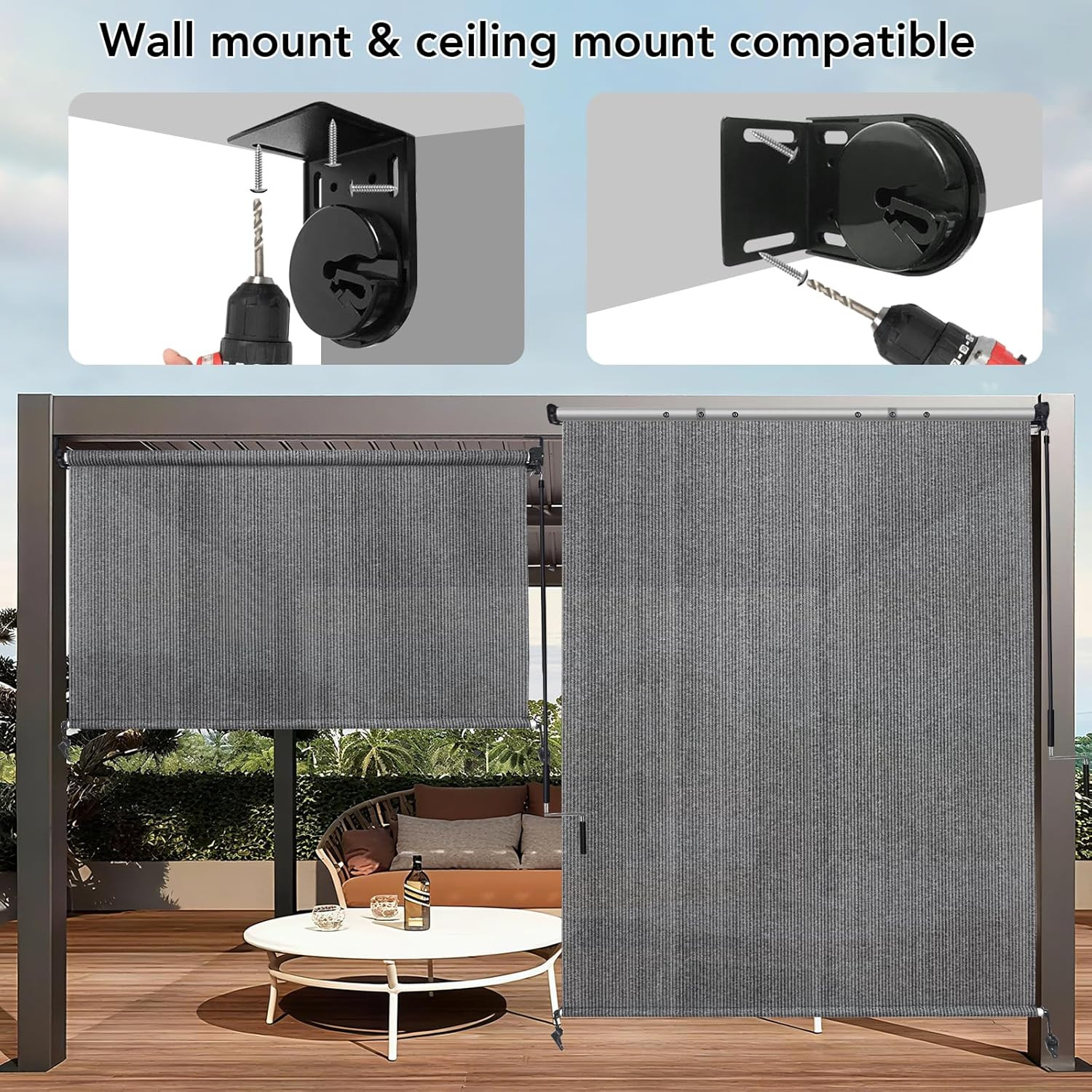 10′(W) X8′(H) Light Grey Outdoor Roller Shade – Cordless Exterior Roll up Sun Sh