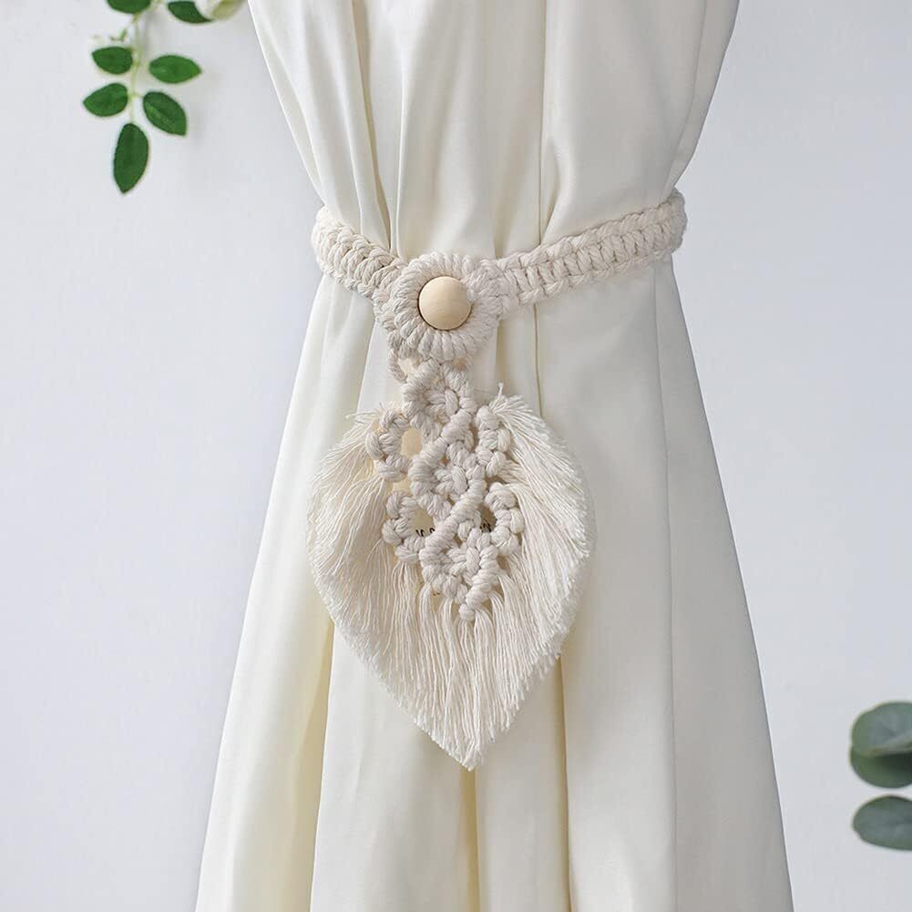 2Pcs Macrame Hand Woven Leaf Tassel Curtain Tie Backs Rope Holdbacks Boho Decor