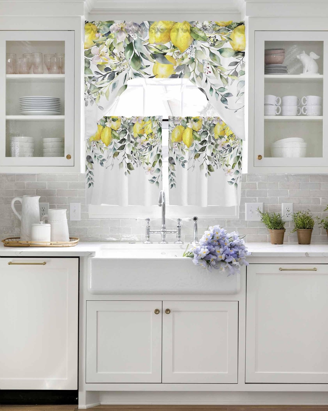 Kitchen Curtains Sets 24 Inch Length with Valance, Lemon Floral Nature Design…