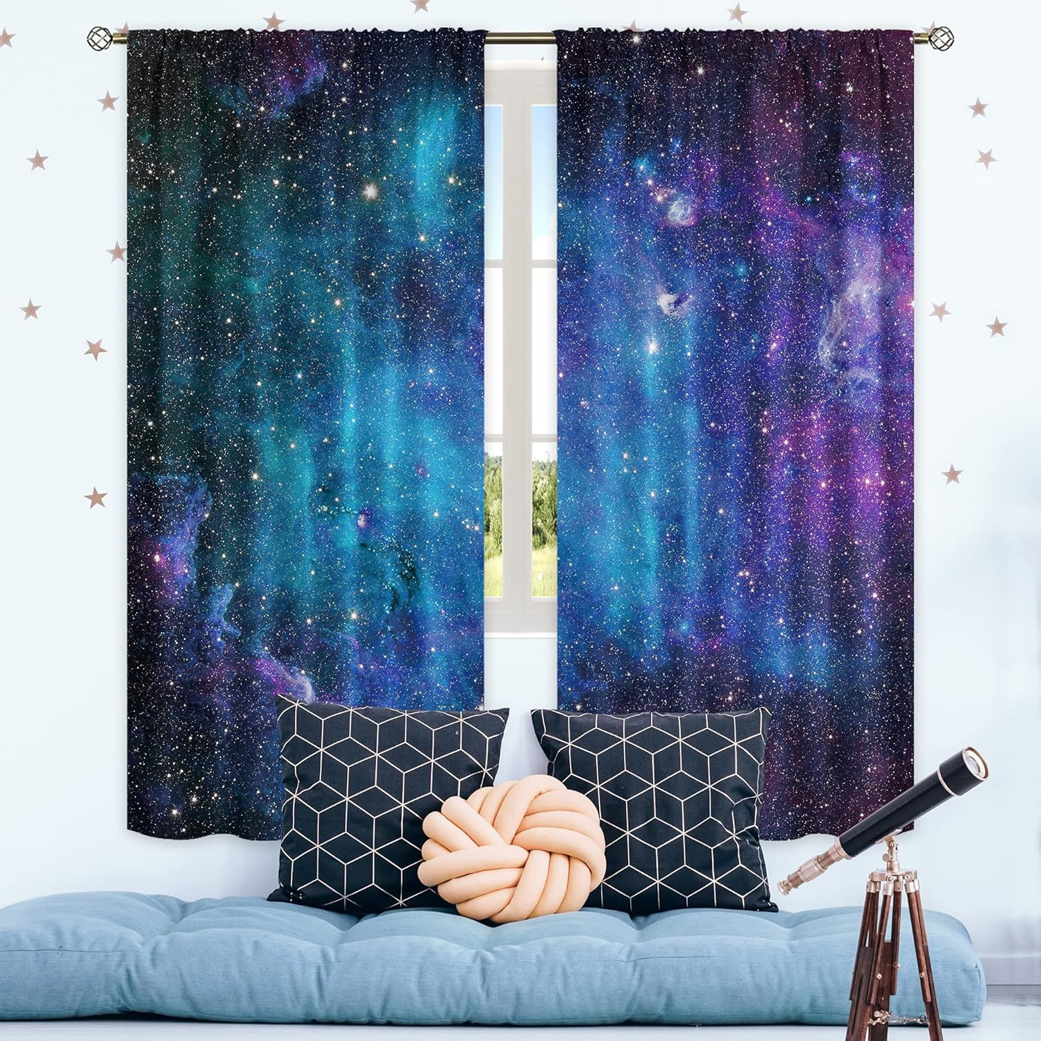 Kids Galaxy Curtains Outer Space Nebula Blue Starry Window Drapes 42×63