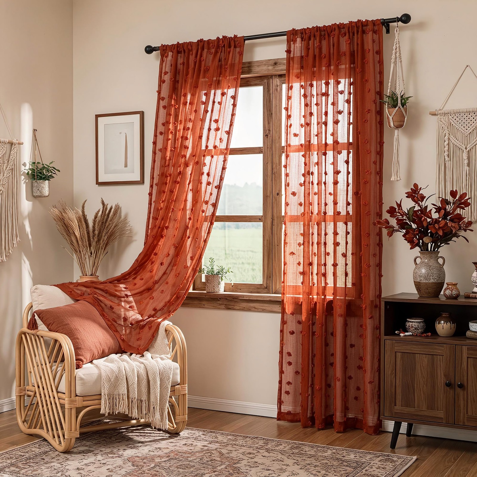 Terracotta Boho Sheer Curtains — with Pom Poms 84 Inches Long Burnt Orange Ru…