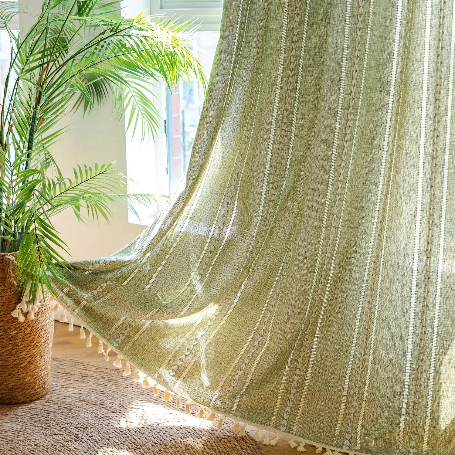 Linen Semi Blackout Curtain 1 Panel Handmade Cotton Burlap Stitching Lace Tassel