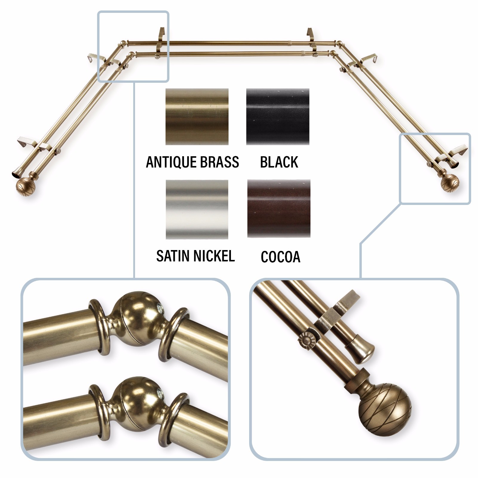 Ferrero 13/16″ Double Bay Window Curtain Rod 20″-36″, 38″-72″ – 4 colors