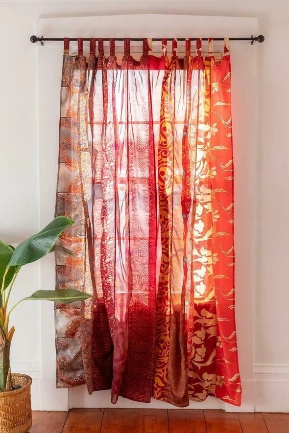 Indian Sari Patchwork Curtain Drape Handmade Window Decor Silk Sari Boho Curtain