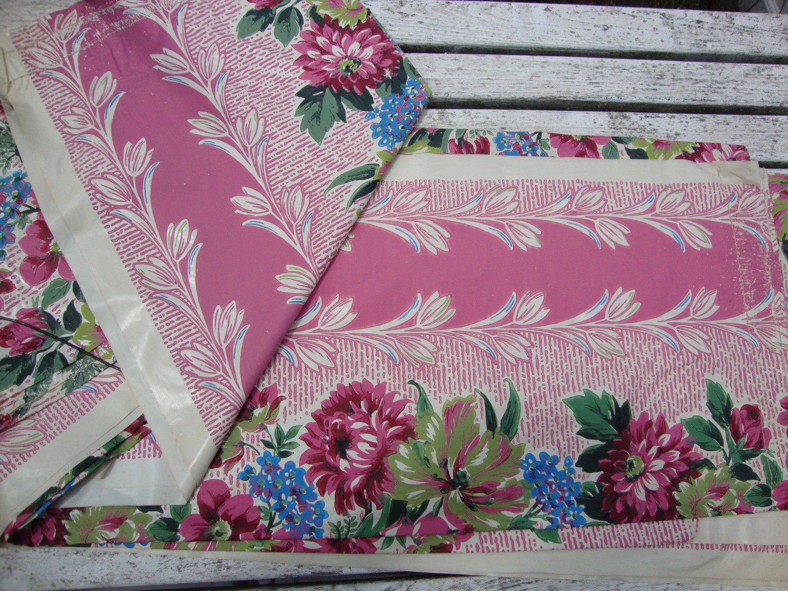 Vintage Mid Century Modern Floral 1940s Curtains 2 Pairs 2 Valances Pink Vinyl