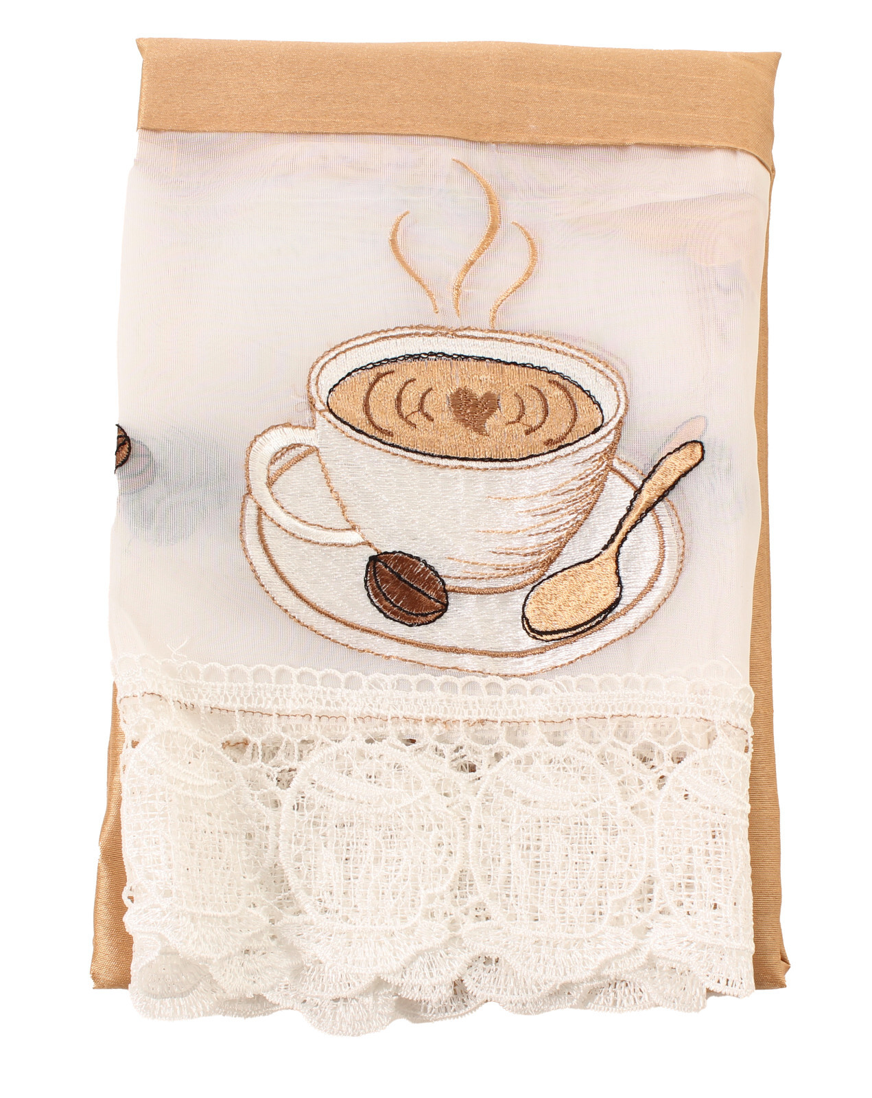 Coffee Cup Macrame Design Kitchen Curtain with Swag and Tier Set 36 inch Gold